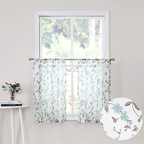 Tollpiz Sheer Floral Tier Curtain Blue Flower Butterfly Printed Half Window Curtains Rod Pocket Kitchen Voile Faux Linen Curtain for Bathroom, 30 x 36 inches Long, Set of 2 Panels