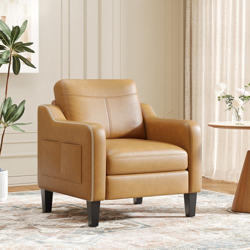 Arm Chairs for Living Room Set of 1, Accent Chair with Side Storage Pocket, PU Leather Armchairs with Thick Cushion, Anti-slip Solid Plastic Legs Single Sofa Chair for Bedroom, Light Brown