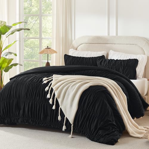 Andency Ruched Black King Size Comforter Set, Shabby Chic Pleated Bedding Sets 3 Pieces, Lightweight Soft Boho Ruffle Bed Set for Girls, Kids, Women, All Season