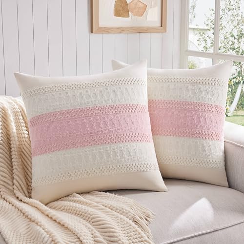 ZeeMart 2 Packs Cotton Boho Throw Pillow Covers 24x24 Inch Contrast/Light Pink, Soft Farmhouse Decorative Couch Pillow Cases Cushion Covers for Sofa Bed Living Room Home Decor