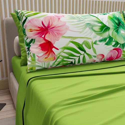 PETTI Artigiani Italiani - Cotton Sheets with Pillowcases in Digital Print, French Quarter Size, Top and Bottom Sheet Set with Corners, Malaysia Green, 100% Made in Italy