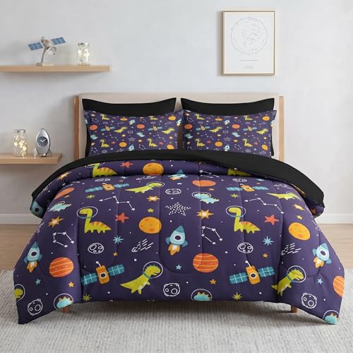 Pamnest Twin Comforter for Boys, 5 Pieces Dinosaur Bedding Sets - Space Dinosaur Astronaut Galaxy Soft Bed in a Bag for Kids with Fitted Sheet Pillowcase & Sham