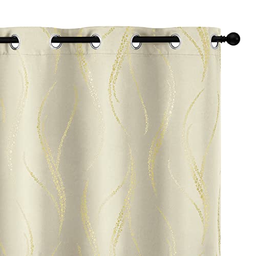 Yakamok Light Blocking Curtains 84 Inches- Gold Wave Line Dots Print Grommet Drapes, Room Darkening Curtain, Window Panels for Living Room/Bedroom (52W x 84L Inch, Set of 2, Cream)