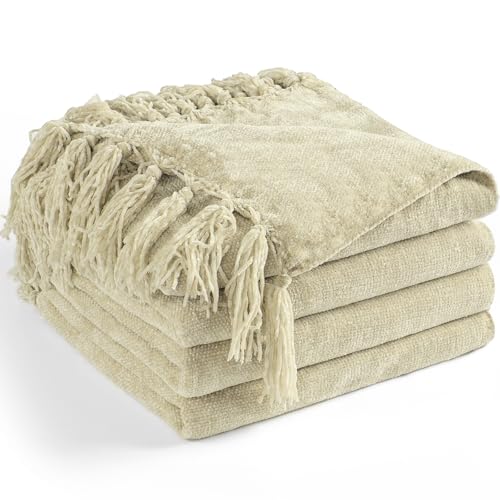 "LONG CREATE Chenille Throw Blanket for Couch 50""X 60"", Soft Cozy Throws with Fringe Tassel for Bed Sofa Chair Cover, Lightweight Knitted Decorative Boho Blankets for Living Room, Light Beige"