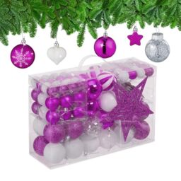 Relaxdays Christmas Baubles Set of 101, Glittering, Tree Decorations, Spheres & Spikes, Plastic, Traditional, Pink, 19 x 20 x 2.5 cm