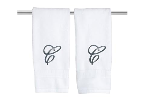 White Monogrammed Hand Towels for Bathroom - Luxury Hotel Quality Personalized Initial Embroidered Towel for Powder Room, Spa - GOTS Organic Certified - Set of 2 Dark Gray Letter C