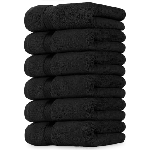 Dan River 6-Pack Premium Hand Towels (16x28 Inches) - 100% Cotton, Ultra Soft, Lightweight, Highly Absorbent Towels for Bathroom, Spa, Gym, Salon, Hotel, and Travel - Black