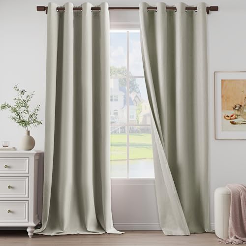 "100% Blackout Linen Textured Curtains for Living Room, Bedroom, Light Weight Curtains with Grommets Top, Full Blackout Curtains Privacy Protection, Natural Linen, 52"" W x 108"" L, 2 Panels"