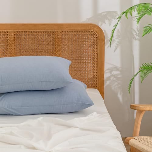 BESTOUCH Washed Cotton Pillowcases Linen Feel Cornflower Blue King - 100% Washed Cotton, Linen Feel, Soft Wrinkle Texture, Envelope Closure, Breathable Lightweight Durable Comfy, 2 Pcs No Insert