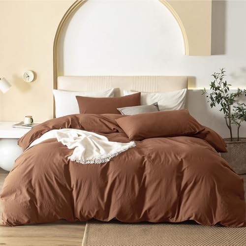 JIYUAN 100% Washed Cotton Duvet Cover Set 3 Pieces Super King, 1 Duvet Cover 108x98 Inches(Comforter Not Included) and 2 Pillowcases,Linen Feel Bedding Set Comfy and Breathable,Burnt Orange