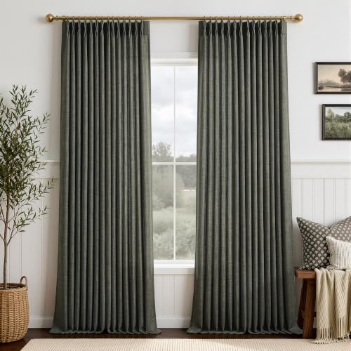 Olive Green Pinch Pleated Linen Curtains 96 Inches Extra Long, Semi Sheer 2 Panels for Living Room Thick Linen Texture Memory Trained Drapes Back Tab Bedroom Window Curtains with Hooks Rings 8ft