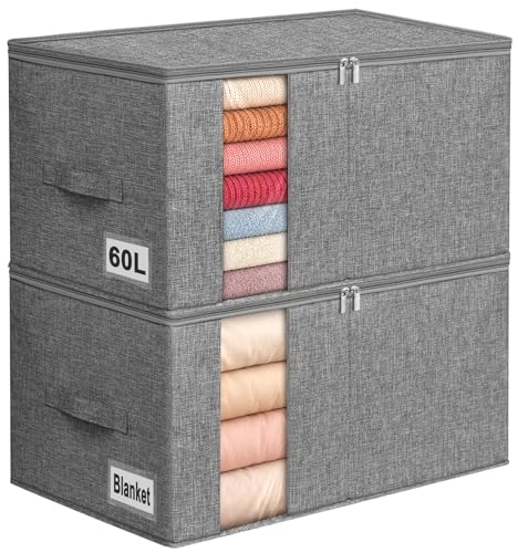 Large Clothes Storage Bags, 2 Pack Closet Organizers and Storage Foldable Storage Bin with Handles Dual Zipper, Heavy-Duty Blanket Comforter Storage Container for Clothing Sweater Bedding, Grey