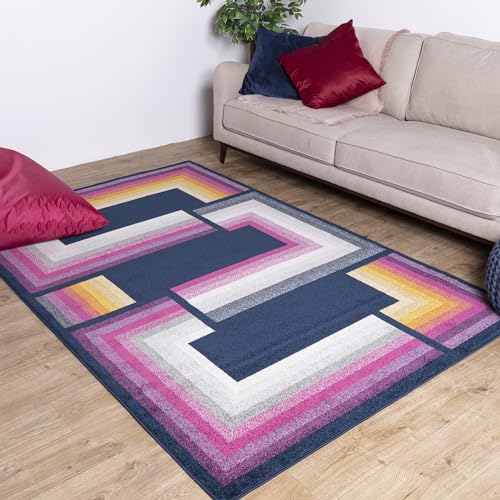 Asiatic Edits Low Pile Geometric Navy Multi Indoor Rug for Living room, Bedroom, Conservatory, Hallway, Large Area, Easy to Clean, Area Rugs - Non Shedding 80x150cm