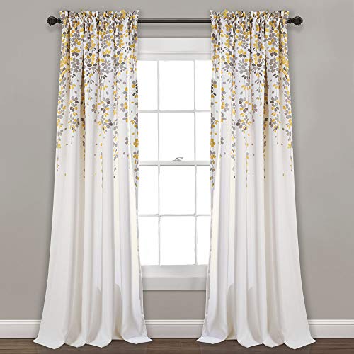 "Lush Decor Weeping Flowers Darkening Window Curtains Panel Set for Living, Dining Room, Bedroom (Pair), 52"" W x 108"" L, Yellow & Gray"