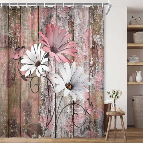 JAWO Cute Farmhouse Flower Floral Shower Curtain, Rustic Pink Daisy Shower Curtain Set, Country Pink Wild Garden Plant Fabric Shower Curtain with Hooks, Brown Wooden Board Bathroom Curtain, 69x84inch