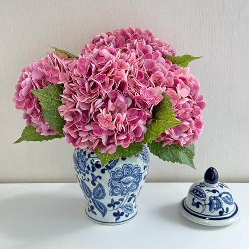 ZYTUYO 4 Pcs Realistic Real Touch Hydrangeas Magenta Aritificial Flower Lifelike 21'' Pink Latex Hydrangeas Faux Flower for Home Decor Kitchen Living Room Table Flower Wedding Flower Arrangement