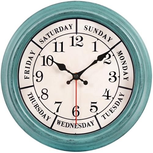 zyzamay 12 Inch Retro Wall Clock,Classic Day of The Week Wall Clock,Easy to Read,Non-Ticking Round Classic(Green)