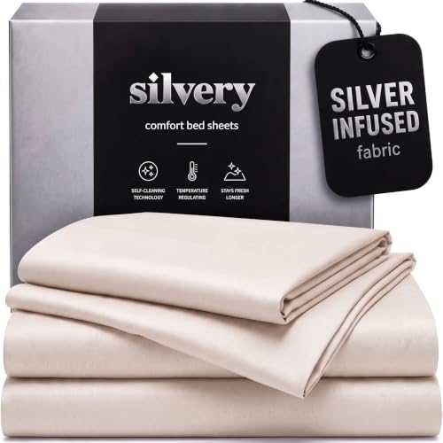 Silvery Silver Infused Bed Sheets Set - Ultra-Soft Temperature-Regulating Fabric with Self-Cleaning Technology??? That Stays Fresh 3X Longer for Hygienic Sleep