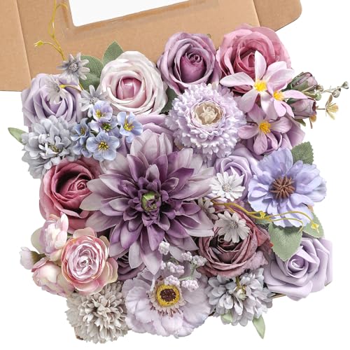 rongflower Purple Artificial Flowers Combo Box Set Silk Flowers Fake Rose for DIY Floral Arrangements Wedding Bouquets Centerpieces Baby Shower Party Home Decorations