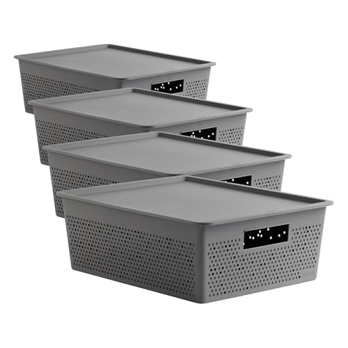 TATAY Set of 12L Rectangular Bohol Organizer Box and Lid, Polypropylene, BPA Free, 100% Recycled Plastic, Anthracite Grey, Measures 30.5 x 39.5 x 13.5 cm (Pack of 4)