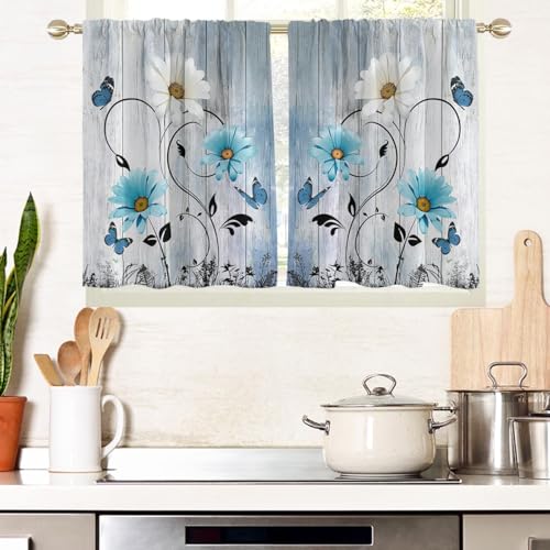 "AAtter Blue Floral Kitchen Curtains, 27.5"" W x 45"" L, 2 Panels Rod Pocket - White and Black Farmhouse Window Drapes, Country Rustic Flower, Cute Vintage Daisy Butterfly, Boho Small Short Bathroom Tiers"