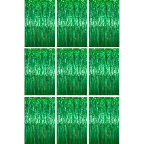 Voircoloria Green Foil Fringe Backdrop Curtains, 3.3x6.6ft, 9pcs - Tinsel Streamers, Birthday Party Decorations, Baby Shower, Gender Reveal, Graduation