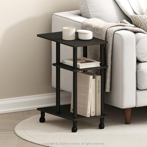 Furinno TURN-N-TUBE Side Table, 3-Tier C-Shape End Table with Wheels, Toolless Assembly Night Stand, Bedside Table with Open Shelf, for Living Room, Bedroom, Black Espresso