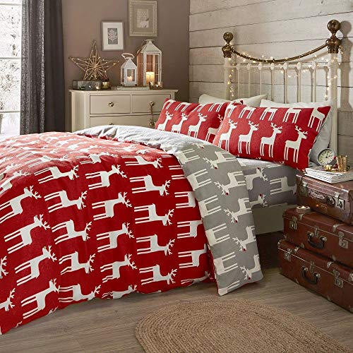Fusion Christmas - Christmas Reindeer - 100% Brushed Cotton Duvet Cover Set - Double Bed Size in Red