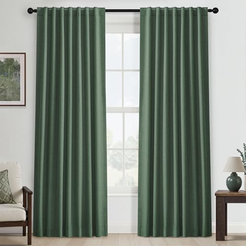UHITECH Black Out Curtains 84 Inch Long 2 Panels Set for Bedroom Window Curtains Linen Textured 100% Blackout for Living Room Darkening Neutral Thermal Insulated Back Tab Drapes Olive Green