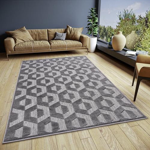 Hanse Home Hexa Design Living Room Rug - Flat Weave Modern, Geometric Diamond Pattern, Scandinavian Style Living Room Rug for Dining Room, Children's Room, Hallway - Grey Black, 133 x 190 cm