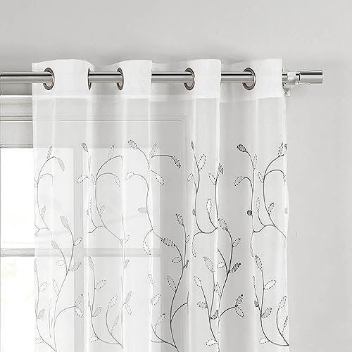 "Creative Home Ideas Wavy Leaves Embroidered Sheer Curtains - Measuring 54"" X 96""- Includes 1 Leaf Curtain Panel - Window Drapes with Metal Grommets -(Sheer Vine White Curtain with Silver Grey Leaves)"