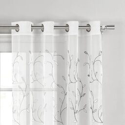 "Creative Home Ideas Wavy Leaves Embroidered Sheer Curtains - Measuring 54"" X 96""- Includes 1 Leaf Curtain Panel - Window Drapes with Metal Grommets -(Sheer Vine White Curtain with Silver Grey Leaves)"