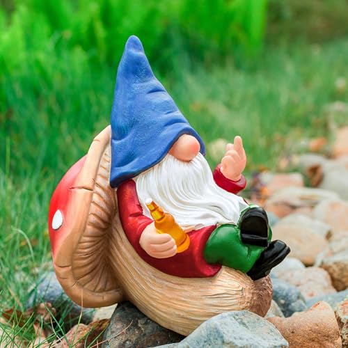 WONDHOME Middle Finger Gnome Statue Naughty Garden Gnomes Funny Drunk Gnome on Mushroom Outdoor Yard Lawn Home Decor Birthday Christmas Gardenging Gifts for Mom Women