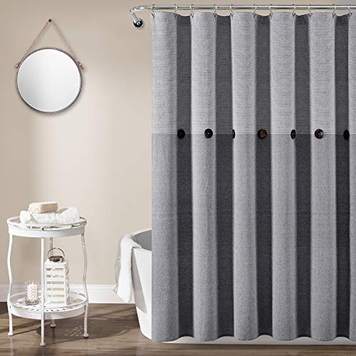 "Lush Decor 16T005473 Gray Linen Woven Cotton Shower Curtain, Farmhouse Button Stripe, Yarn Dyed (72"" x 72"")"