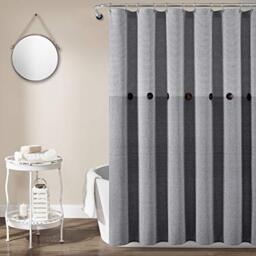 "Lush Decor 16T005473 Gray Linen Woven Cotton Shower Curtain, Farmhouse Button Stripe, Yarn Dyed (72"" x 72"")"