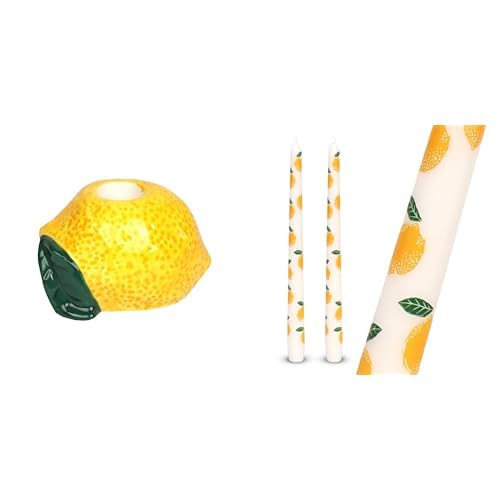 Lemon Ceramic Candle Holder & Lemon Design Tapered Dinner Candles Bundle
