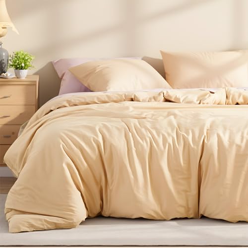 Cozaline 100% Cotton Comforter Set Queen Size ??? Sandy Beige, Linen-Like Texture, Super Soft & Breathable Lightweight Bedding Set, 3-Piece Durable Percale Comforter for All Seasons