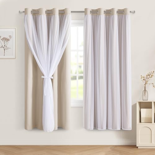 DWCN Beige Layered Curtains for Living Room Blackout and Sheer Curtains Grommet Top Window Treatment with Sheer Overlay for Bedroom, 52 W by 63 L, 2 Pieces