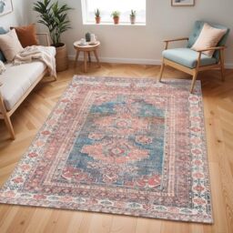 Livabliss Athena Faraoun Machine Washable Vintage Style Floor Covering 120x170 cm – Traditional Boho Design for Living Room, Kitchen & Hallway, Coral, Blue, Brown & Cream