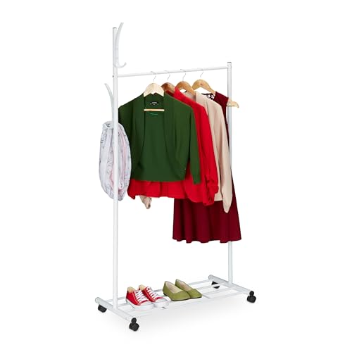 Relaxdays Coat Rack with Castors, HxWxD: 165 x 80 x 44 cm, Metal, Shelf, Mobile Clothes Stand, Movable Wardrobe, White