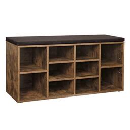 VASAGLE Shoe Bench, Storage Bench with Padded Cushion, 10 Compartments, Adjustable Shelves, for Living Room, Hallway, 104 x 30 x 48 cm, Rustic Brown CUSTOS Collection LHS10BXV1