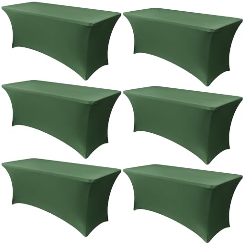 Obstal 6 Pack Stretch Spandex Table Covers for 6 Foot Tables - 6 FT Universal Rectangular Fitted Tablecloth Protector for Wedding, Banquet, Party, Blackish Green