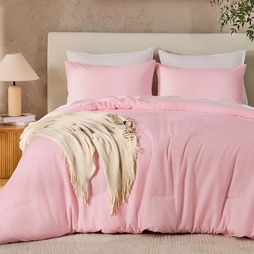 Andency Pink Oversized King Comforter Set, 3 Pieces Lightweight Soft Solid Bed Comforter, Oversized Fluffy Microfiber Bedding Set (120x98In, 2 Pillowcases)