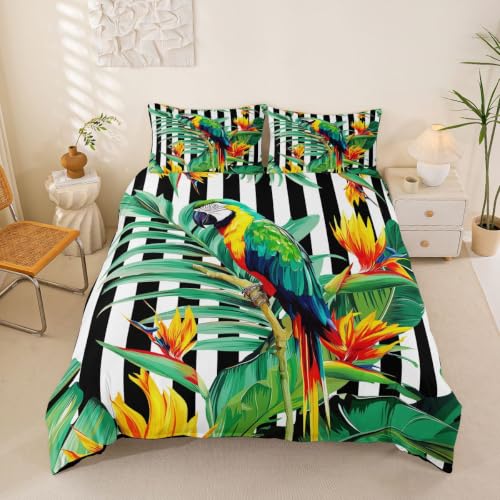 Erosebridal Tropical Tree Duvet Cover Queen,Black White Stripe Bedding Set Green Plant Palm Leaves Quilt Cover Bird Parrot Animal Comforter Cover,Botanical Yellow Floral Bed Cover with 2 Pillow Shams