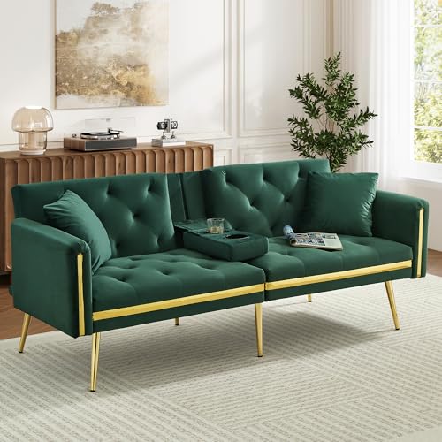 Ball & Cast 3 Seater Sofa Bed with Adjustable Backrest, Gold Accents and Built-in Cup Holders, 3 Seater Sofa/Folding Bed for for Living Room and Bedroom, Green