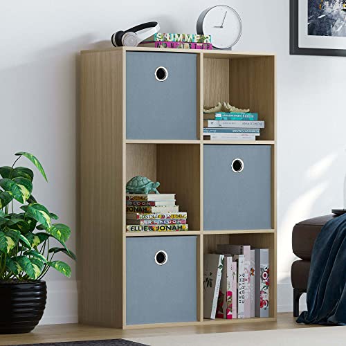 Vida Designs Durham Cube Bookcase Storage Organiser Living Room Bookshelf Home Office Furniture (6 Cube & 3 Grey Baskets, Oak)