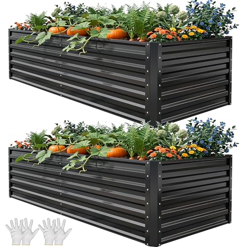 DWVO 2X Raised Beds for Garden,870L Raised bed Metal,0.35mm Galvanised Steel galvanised planter with Safety Edging&4pcs Support Rod for Garden Vegetables Fruit(Black 180X90X54CM)