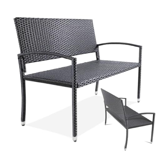 Clevich Rattan Garden Bench, 2 Seater Wicker Patio Bench with Curved Backrest Armrests, Adjustable Feet, Weatherproof PE, 320kg Capacity for Indoor/Outdoor/Balcony/Terrace, Double-Sided Rattan, Black