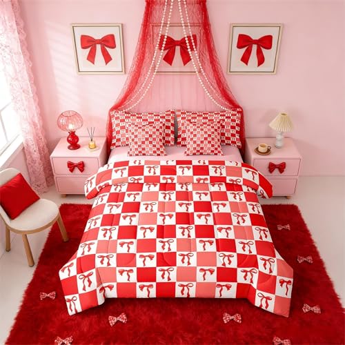 Erosebridal Ribbon Bow 7 Piece Bedding Set Full Grid Comforter Set with Sheets Plaid Check Aesthetic Coquette Kawaii Bed in a Bag Cute Bowknot Red for Kids Girls Women