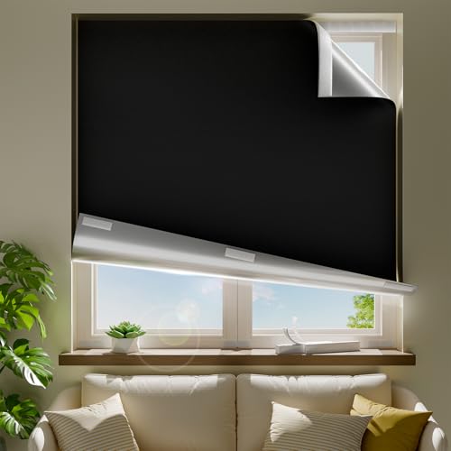 "ZELMINE 56"" W x 36"" L 100% Blackout Curtains, Total Darkness No-Drill Black Out Window Cover,Temporary Blackout Shades with Hook & Loop Tape ??? for Bedroom, Nursery, Dorm, Travel (Black)"
